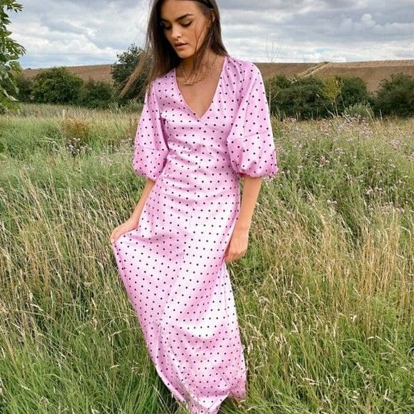 ASOS DESIGN Tall satin trapeze maxi dress with puff sleeves in spot - Picture 2 of 2